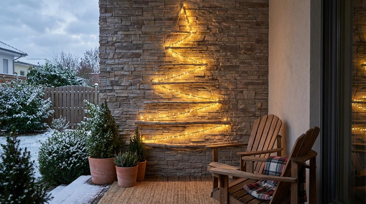 A flat wall-mounted Christmas tree made from wooden boards or branches arranged in graduated tiers, creating a slim silhouette that saves balcony floor space. Features zigzag string lights draped across each tier for festive illumination.