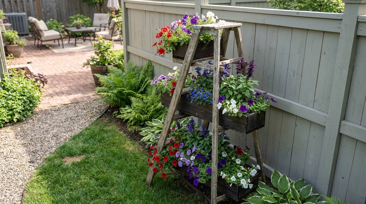 A vertical small garden raised bed featuring an old wooden ladder leaning against a fence, with planter boxes on each rung filled with trailing petunias, salvias, and soft foliage plants. This tiered flower ladder bed idea maximizes space, creating a layered, colorful living art piece that frees ground space while providing a vibrant display of sun-loving and shade-tolerant plants.