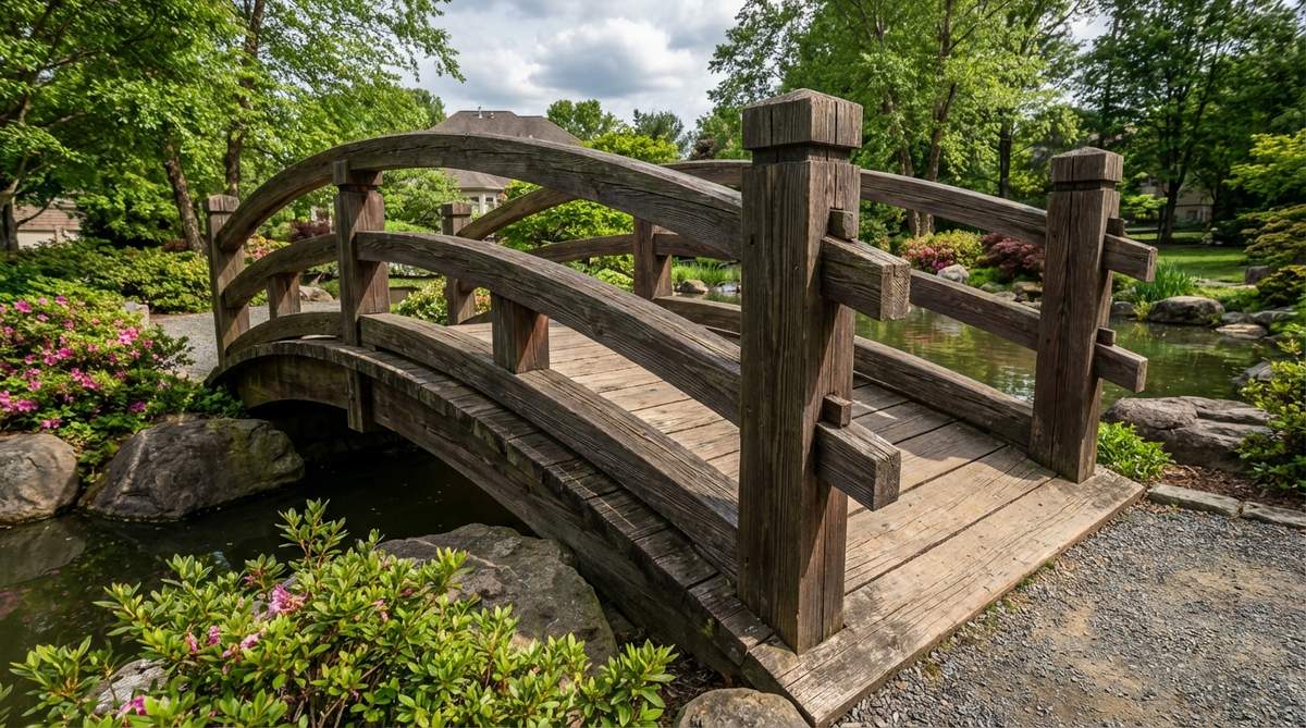 Detailed view of exposed post-and-beam construction with mortise-and-tenon joinery and railings in a Japanese garden bridge, showcasing traditional carpentry techniques and structural integrity.