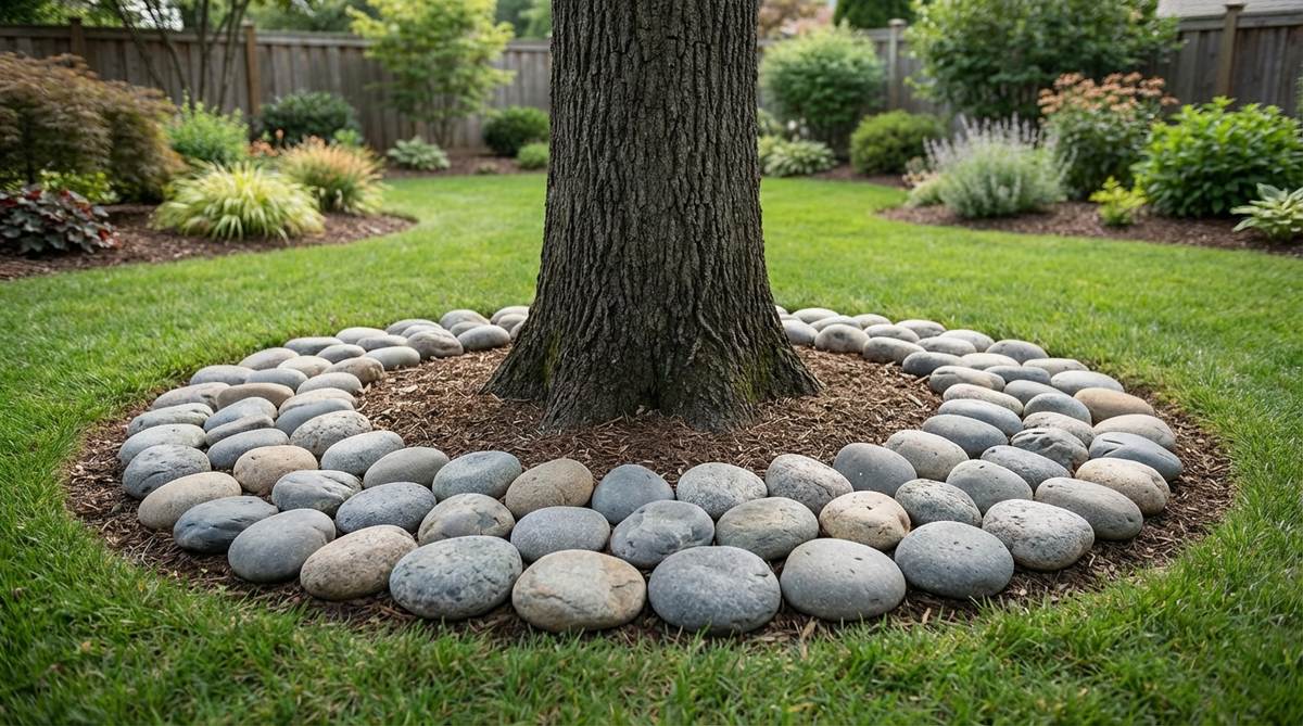 A circular arrangement of smooth river rocks forming a protective ring around the base of a tree trunk. The rocks are spaced to prevent mower damage to surface roots while maintaining proper clearance from the bark to avoid moisture issues. Ideal for stone garden edging applications.