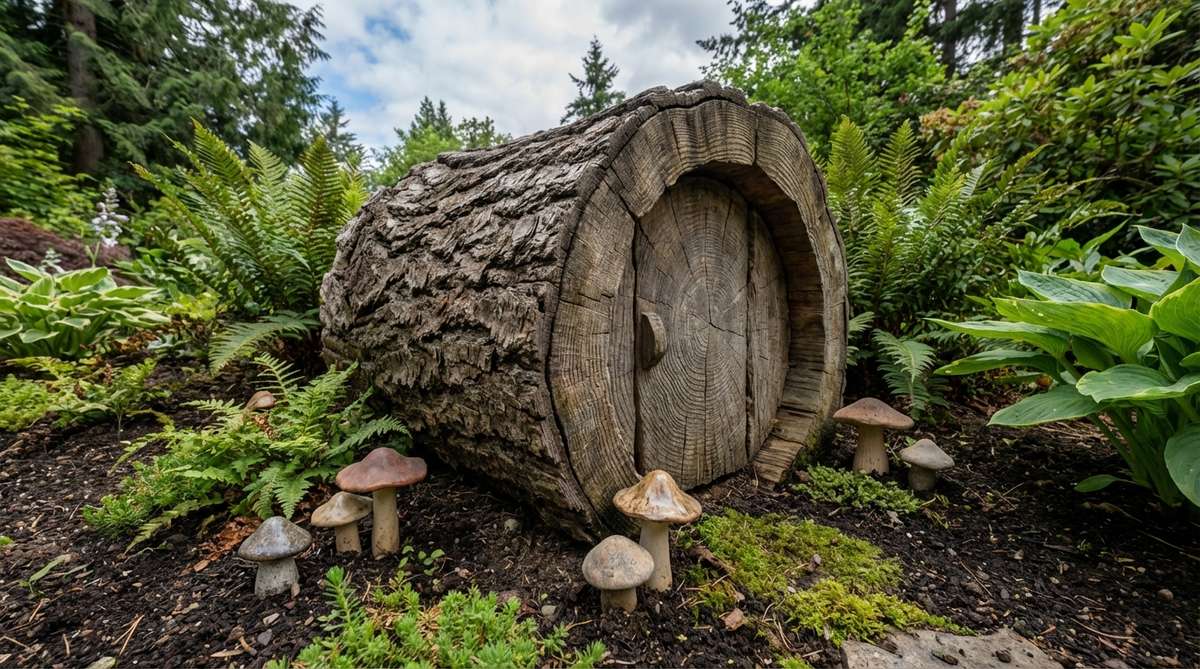 A miniature garden shed designed to look like an ancient tree stump cross-section, featuring carved bark texture, wood grain details, and growth ring patterns for realistic woodland integration. Ideal for placement in garden soil with forest floor plantings, fungi accessories, and moss.