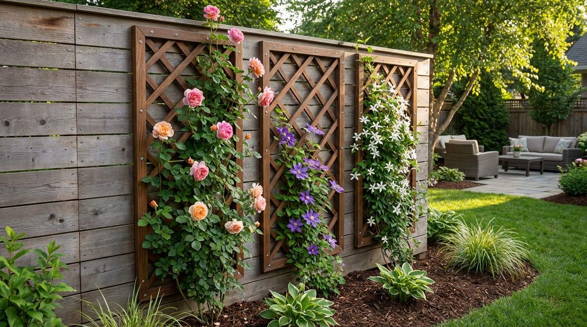 A decorative trellis panel attached to a fence, supporting flowering climbers like clematis, jasmine, and climbing roses, with proper spacing for air circulation and galvanized screws for durability, enhancing privacy and seasonal color in outdoor decor.