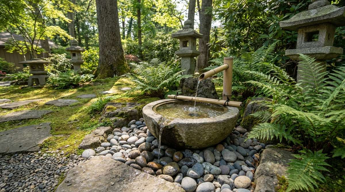 A traditional Japanese tsukubai stone basin with a bamboo spout, set low to the ground for ritual hand washing. Water trickles continuously into the shallow stone bowl, with overflow draining into gravel and river stones, surrounded by stone lanterns, stepping stones, moss, and ferns in a contemplative garden setting.