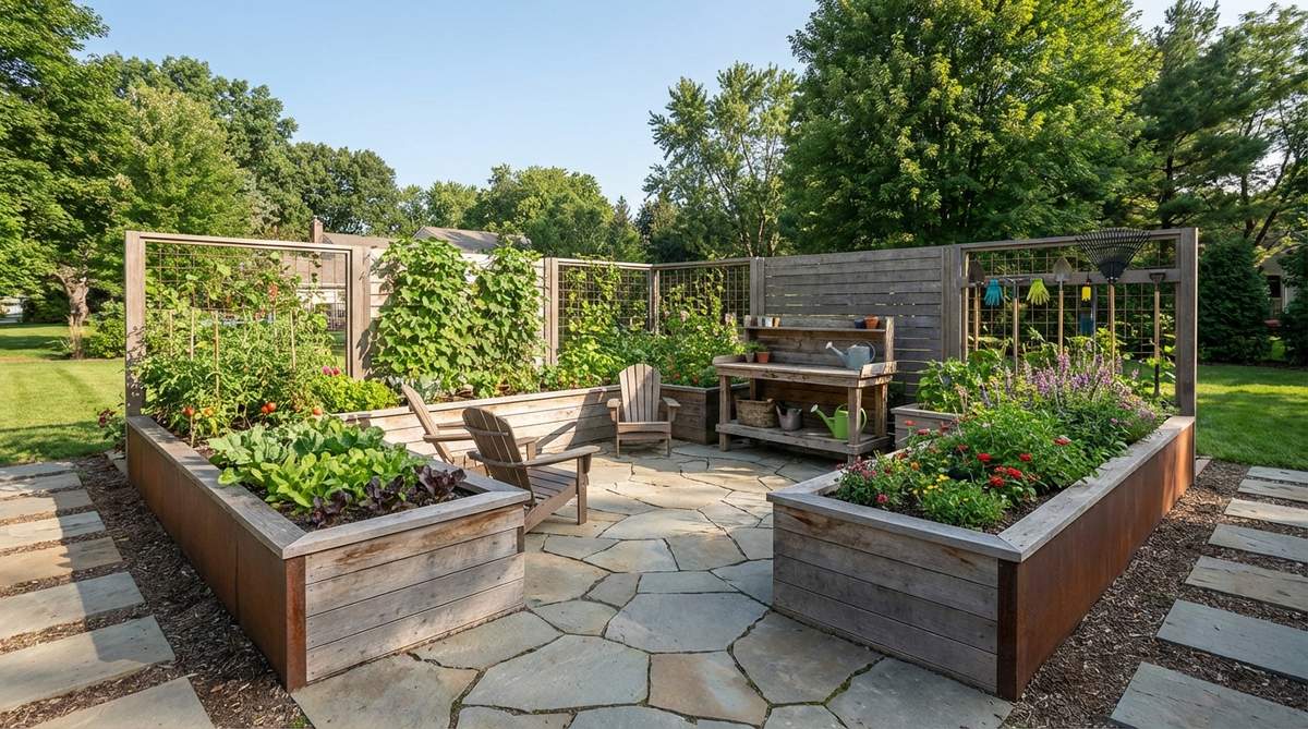 A modern garden bed design featuring three connected beds arranged in a U-shape, enclosing a central workspace or seating area. The layout provides privacy and convenient access to tools and harvests, with the courtyard opening facing south for optimal sunlight and north-side beds benefiting from reflected light.