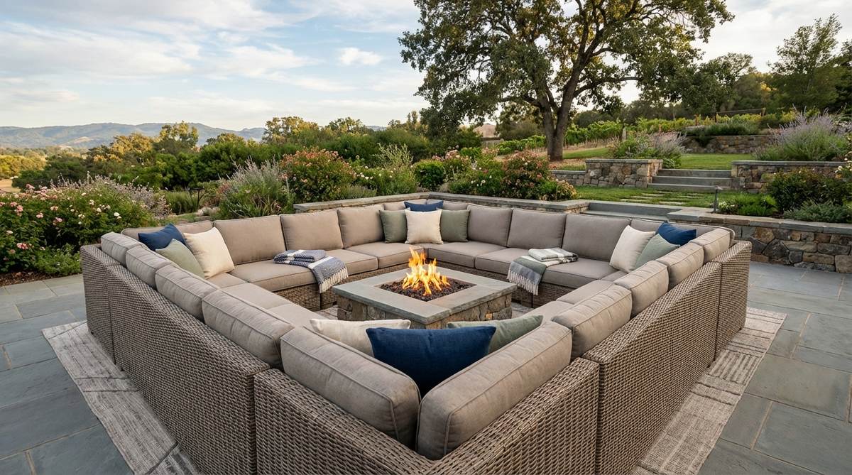 A U-shaped sectional sofa arranged in conversation pit formation on an outdoor patio, facing a central coffee table or fire pit. The three-sided wraparound seating creates an intimate enclosure for 8-10 guests, positioned to face the best view corridor or landscape feature. The sectional sits on an area rug 18-24 inches larger than the furniture footprint, with weatherproof throw pillows and outdoor blankets adding texture and comfort. High back cushions provide lumbar support for extended lounging sessions.