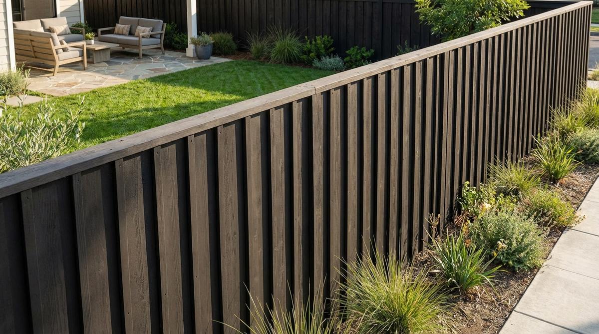 A modern garden fence featuring vertical batten-board screen design, with wide backing boards and narrow battens creating layered depth and strong shadow lines, suitable for contemporary reinterpretations.