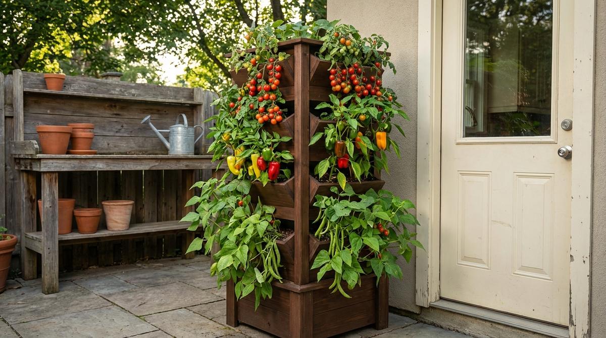 A column-style vertical garden with multiple planting pockets showcasing cherry tomatoes, peppers, and bush beans growing in a compact outdoor space near a kitchen door for easy harvesting.