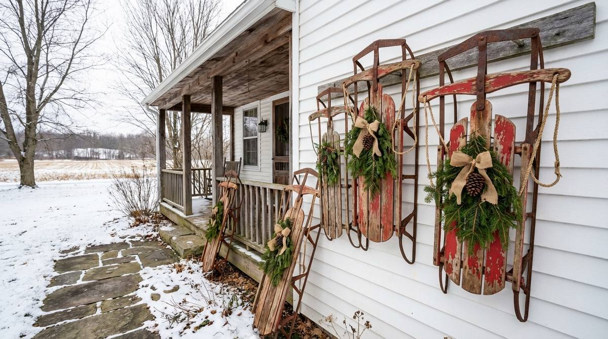 Antique wooden sleds mounted on exterior walls or leaned against porch railings for rustic winter decor. Shows aged patina and simple lines complementing farmhouse and cottage architecture in outdoor settings.