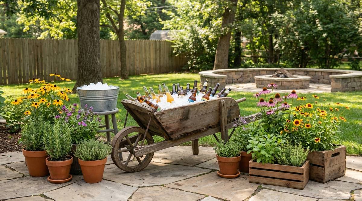 A rustic garden party beverage station featuring a repurposed vintage wheelbarrow filled with ice and bottled drinks, surrounded by potted herbs and wildflowers. This functional decor element encourages guest movement while adding charming rustic character to outdoor entertaining spaces.