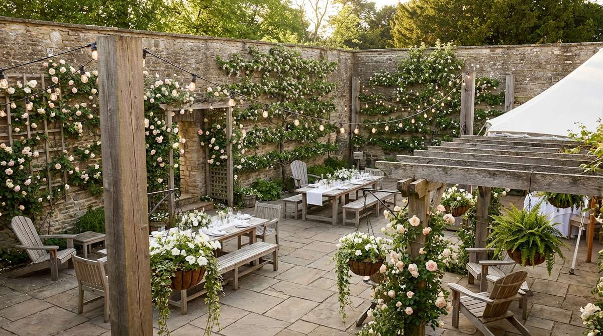 A private estate garden enclosed by high stone walls, featuring espaliered fruit trees, climbing roses, and vertical surfaces adorned with hanging installations and market lights, creating a secluded and structured space for wedding events.