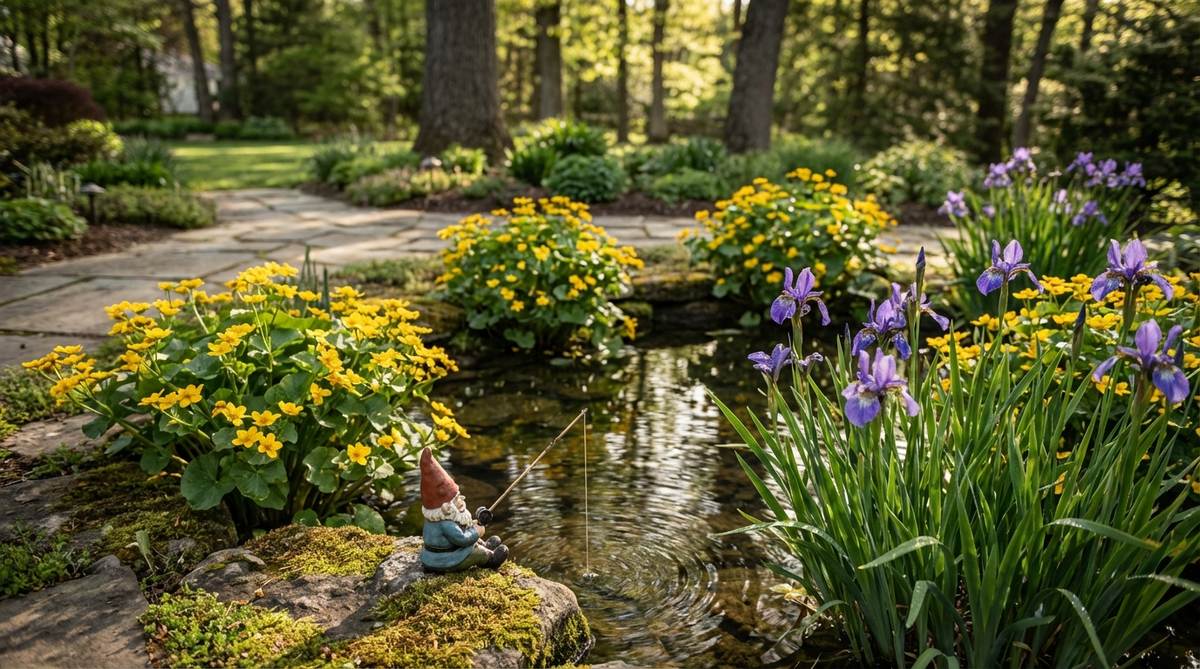 A miniature garden gnome fishing at the edge of a small pond or water feature, surrounded by moisture-loving plants like iris and marsh marigold, creating a tranquil and humorous garden vignette.