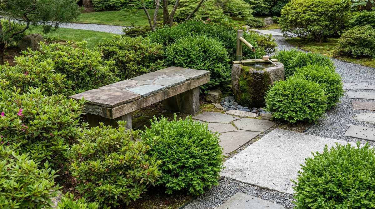 A stone or wooden bench positioned 6-8 feet from a tsukubai water basin in a Japanese garden, angled 15-20 degrees off-axis to create asymmetric visual interest. The bench is surrounded by evergreen shrubs that enclose the space while allowing views of the water feature, designed for optimal appreciation of the water soundscape and visual harmony.