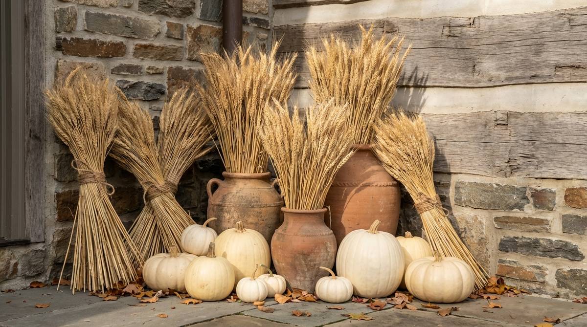 A rustic boho Halloween decoration featuring tall dried wheat stalk bundles tied with jute twine, arranged with white pumpkins at the base. The vertical grains create architectural structure with varying heights for visual rhythm, leaning against walls or standing in weighted urns. This neutral-toned display references agricultural heritage and fits modern farmhouse interiors.