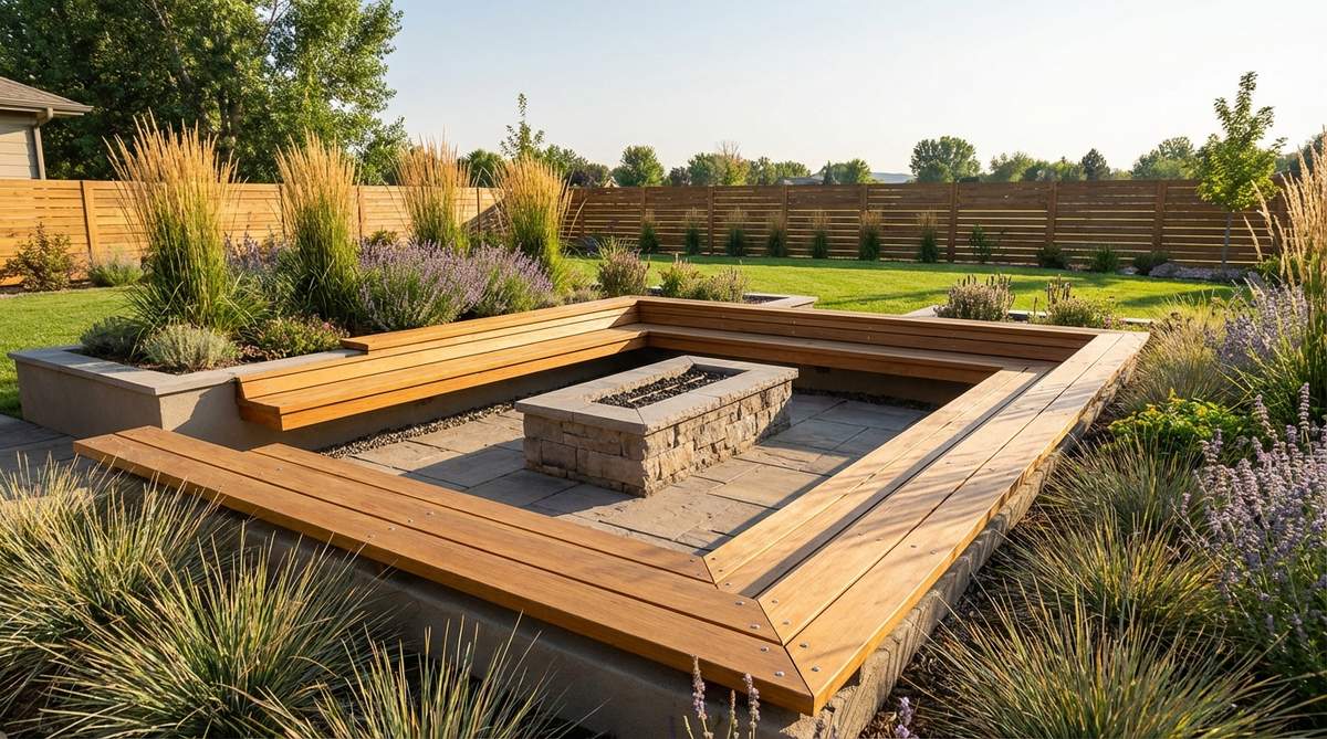 A contemporary garden bed with wide cap bench tops made from cedar or composite boards, featuring continuous perch seating around garden perimeters. The design includes a 2-inch overhang for visual weight and drip edge protection, secured with stainless steel screws for a clean appearance. Ideal for patio edges or near fire pits to provide dual-purpose seating in urban gardens.