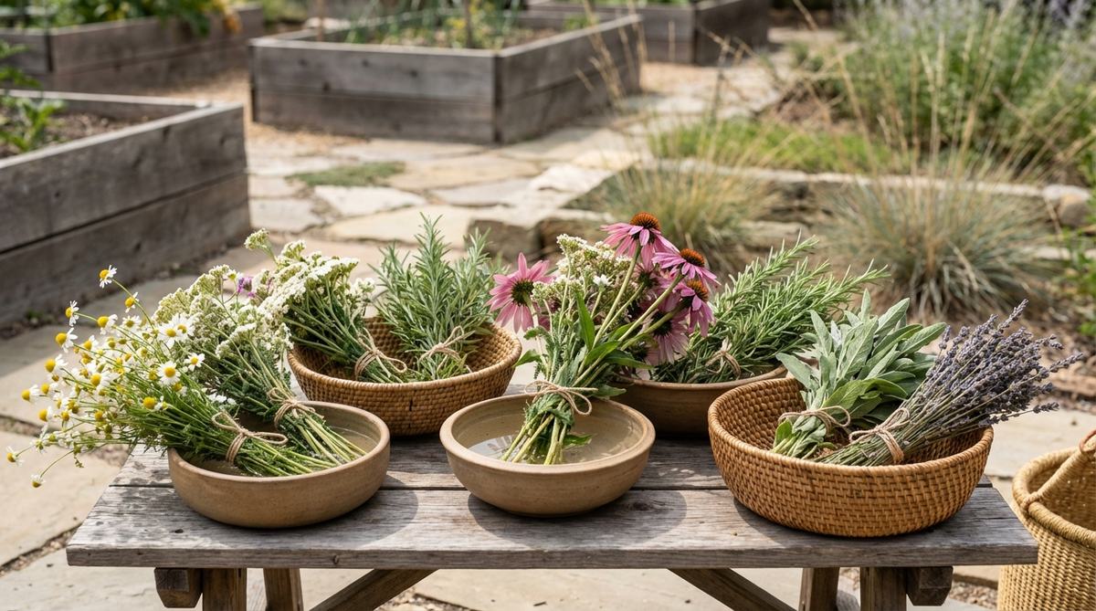 A rustic boho wedding centerpiece featuring bundles of wildflowers and culinary herbs like rosemary, sage, and lavender tied with kitchen twine, displayed in low vessels with exposed stems for a natural, aromatic design.
