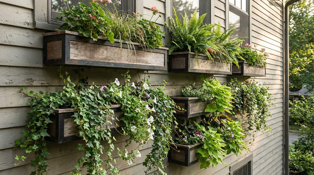 A vertical arrangement of multiple window boxes mounted on an exterior wall at staggered intervals, showcasing a cascading green facade with trailing plants in lower boxes and upright specimens in upper positions, ideal for small garden ideas.