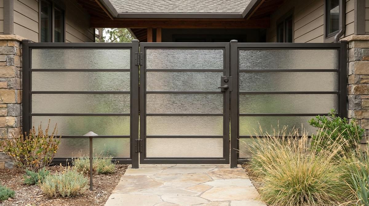 A contemporary garden fence gate featuring a metal frame with horizontal glass panels, offering controlled glimpses into the garden while maintaining privacy with frosted or textured glass. The design includes matching fence material for continuity and is ideal for courtyard entries, installed with commercial-grade hinges for durability.