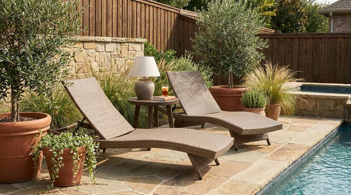 A full-length woven chaise lounge made from all-weather wicker, featuring an adjustable back for ergonomic reclining positions. Perfect for creating poolside or sunny corner lounging zones in boho garden settings, with side tables conveniently placed between pairs for drinks and books.
