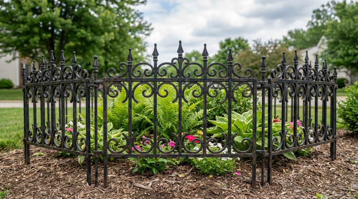 A decorative wrought iron style miniature garden fence with intricate scrollwork and finials, perfect for adding formal elegance to fairy gardens and miniature landscapes.