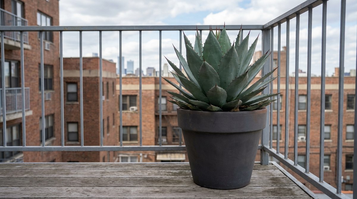 A compact Agave 'Blue Glow' succulent in a container on an urban balcony, showcasing its architectural blue-green leaves with sharp tips, demonstrating wind-resistant qualities ideal for balcony gardening.