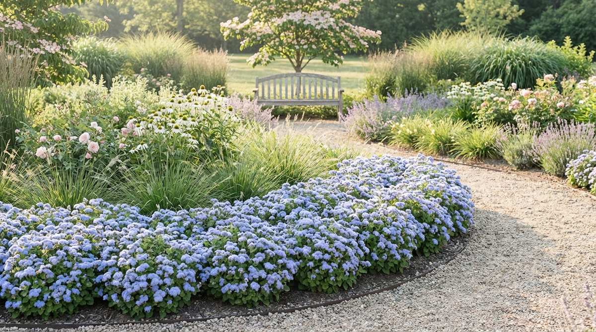 Dense mound of ageratum floss flowers with fuzzy powder-blue clusters, showcasing compact 6-10 inch annual growth ideal for front-of-border edging or mass planting in partial to full sun.