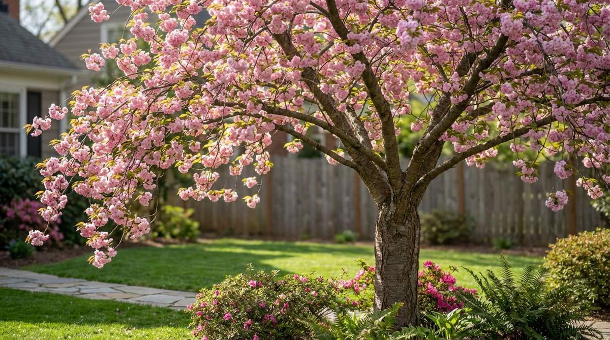A beautiful Akebono Cherry tree (Prunus x yedoensis 'Akebono') with shell-pink double flowers cascading along arching branches, creating a waterfall effect. This elegant vase-shaped tree, suitable for Japanese gardens, grows 25-35 feet tall and shows good heat tolerance in zones 5-8.