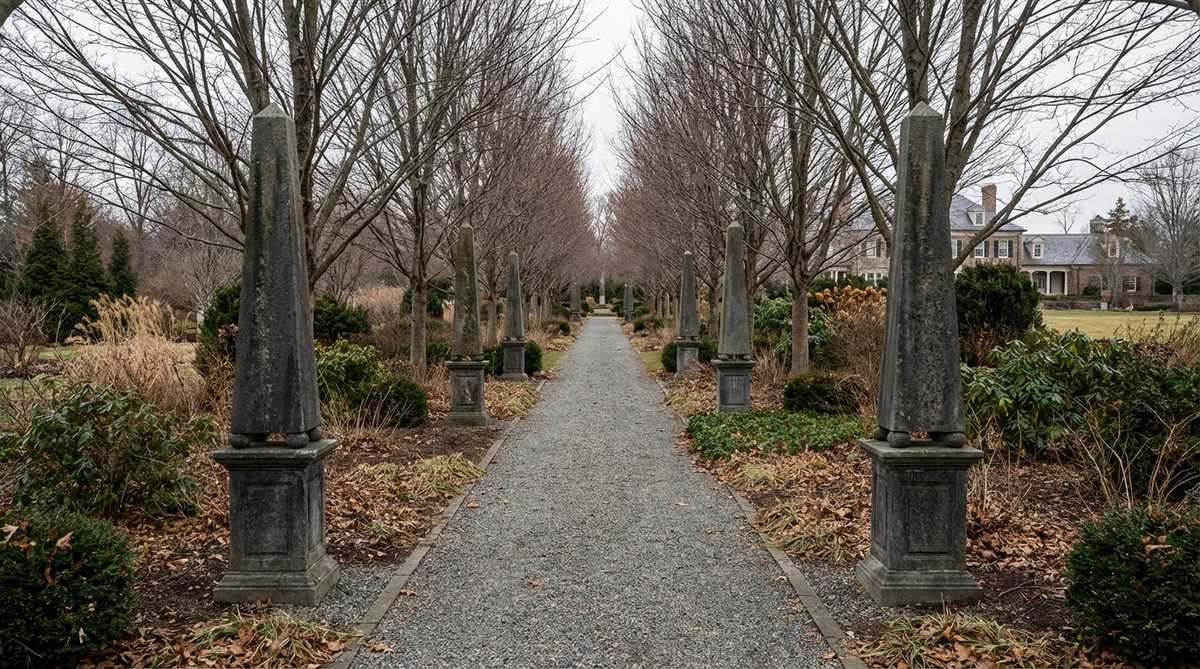 A series of matching stone obelisks placed at regular intervals along a tree-lined allee, reinforcing perspective and establishing rhythm in a garden setting, with winter interest provided by the stone elements against bare deciduous trees.