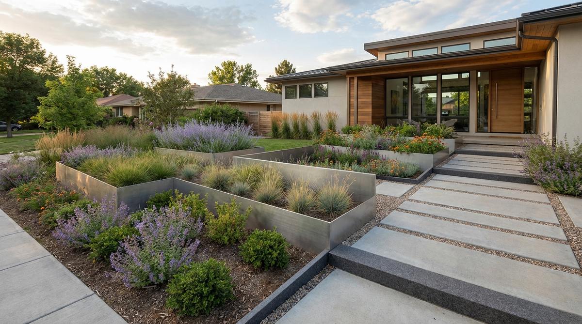 A modern front yard garden featuring sharp angular zigzag borders with granite or steel edging, creating dynamic geometric patterns that guide the eye and divide space into distinct zones with seasonal plant groupings, ideal for contemporary homes.