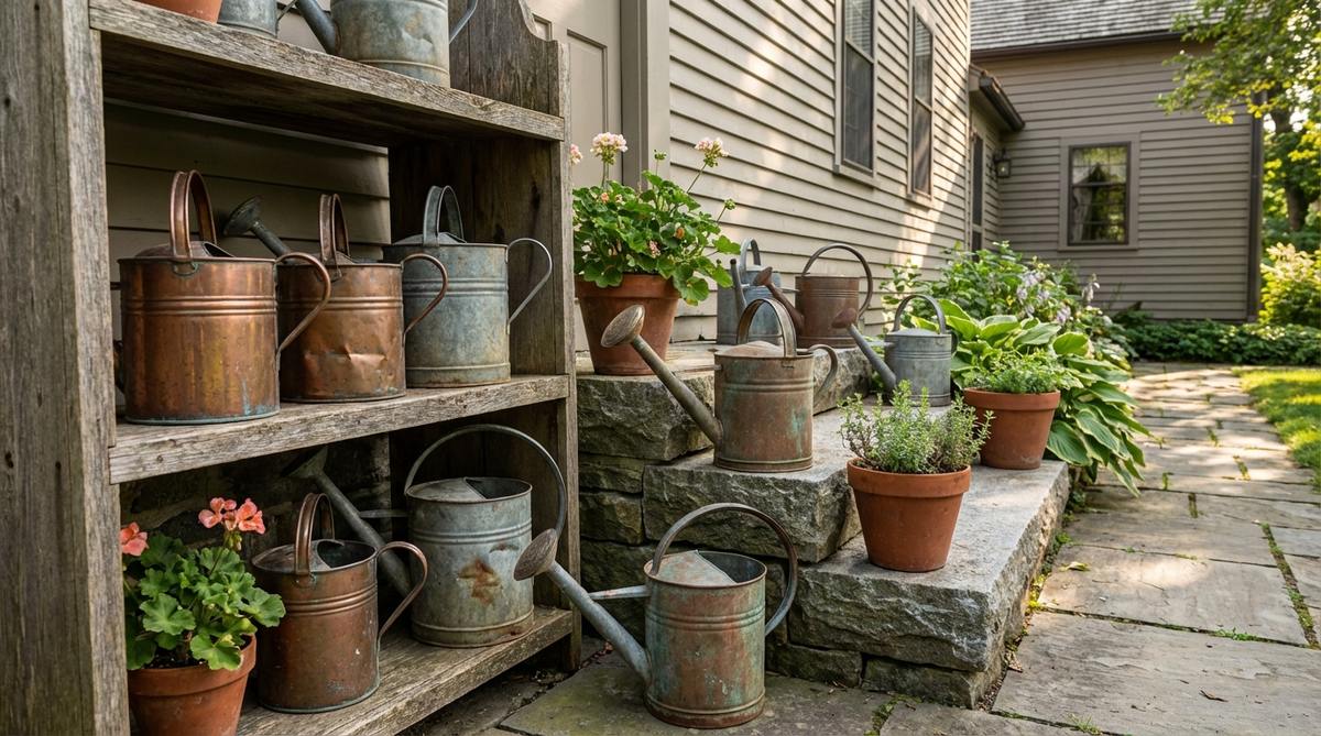 A collection of vintage watering cans arranged in a rustic outdoor decor setting, featuring varied sizes, shapes, and patinated finishes like galvanized steel and copper, grouped on steps or shelves for visual storytelling.
