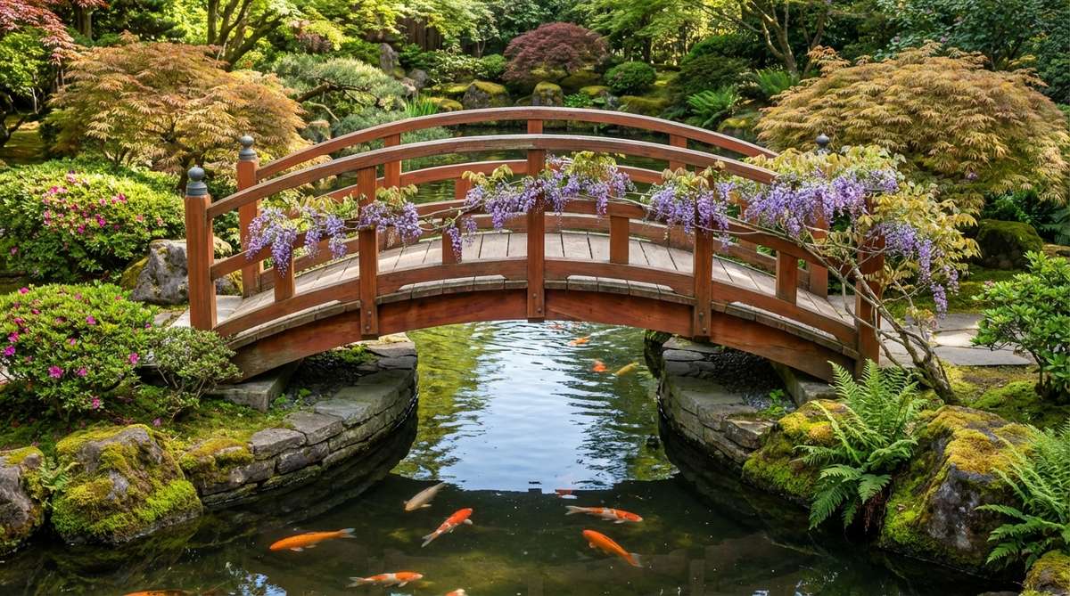 A curved wooden bridge arches gracefully over a narrow point in a Japanese garden pond, connecting islands or banks with symbolic and visual impact. Constructed from weather-resistant cedar or redwood, it features gentle curves, handrails for safety, and climbing vines like wisteria. Positioned to frame key views, it offers elevated perspectives of koi swimming below and creates premier photo opportunities, embodying traditional Japanese garden philosophy as a pathway to paradise.