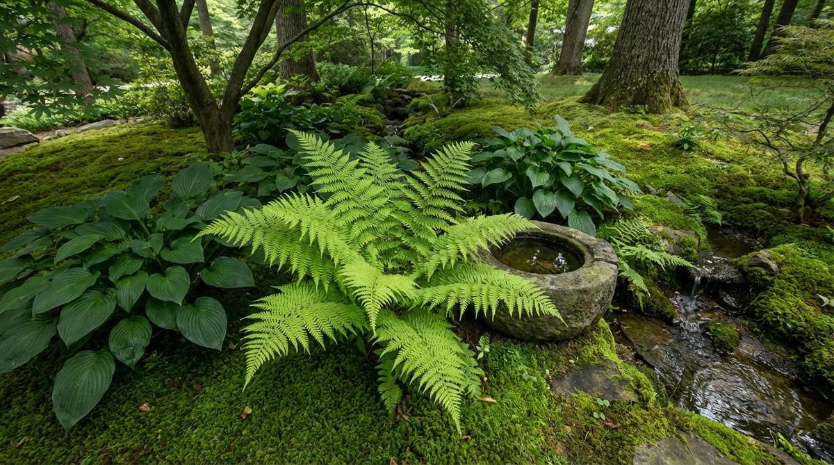 A bright green Lady Fern with lacy fronds, adding airy lightness to a shaded Japanese garden planting. The delicate fronds create soft contrast against hostas or moss carpets, positioned near a water basin or stream bank for optimal moisture.