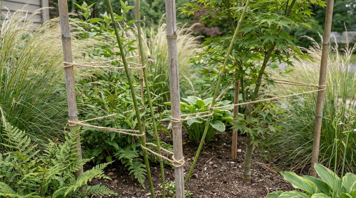 A close-up image showing bamboo canes used as discreet plant supports in a Japanese-inspired garden, with soft jute twine securing stems in figure-eight loops to prevent bark abrasion, blending naturally with perennials and ornamental grasses.