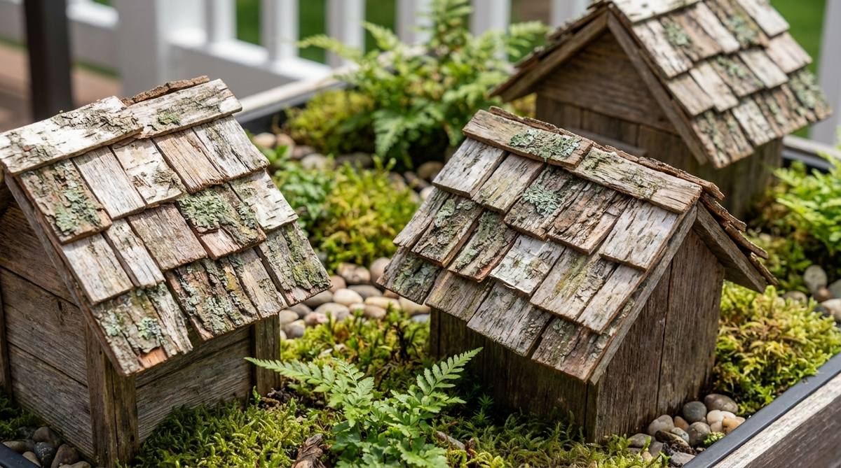 A close-up image showing small bark pieces arranged in overlapping rows to create shingled roofs for miniature cottages and structures in a fairy garden. The bark, sourced from birch, cedar, or pine, is broken into uniform shingle-sized chips and adhered to cardboard or wooden roof forms with wood glue. The natural weathering and lichen growth on the bark enhance the aged, authentic aesthetic of the garden setting.