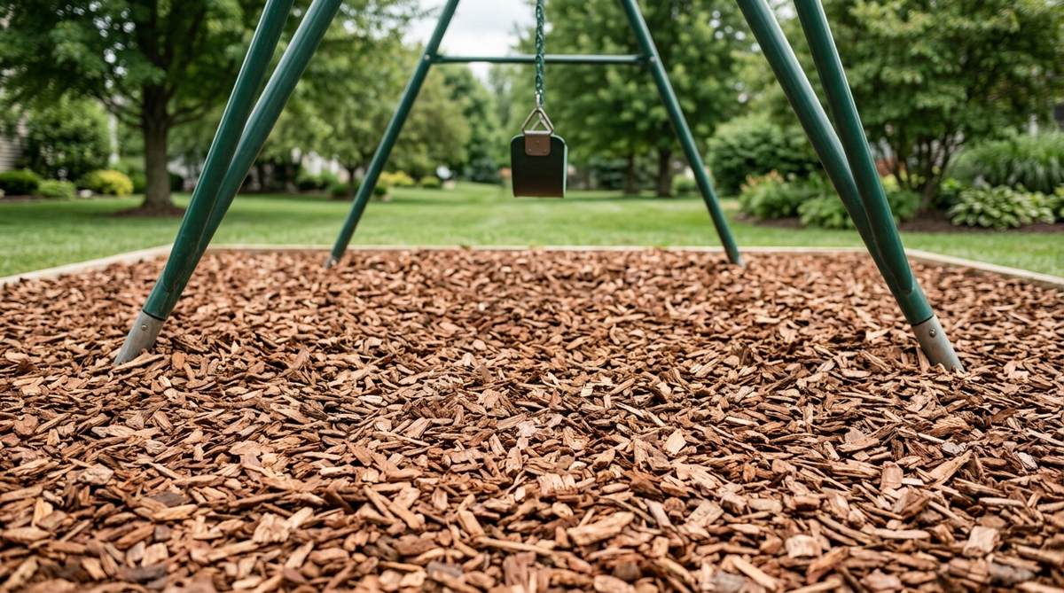 A close-up photo of certified playground bark spread beneath a swing set, showing its natural texture and depth for impact-absorbing safety surfacing in garden play areas.