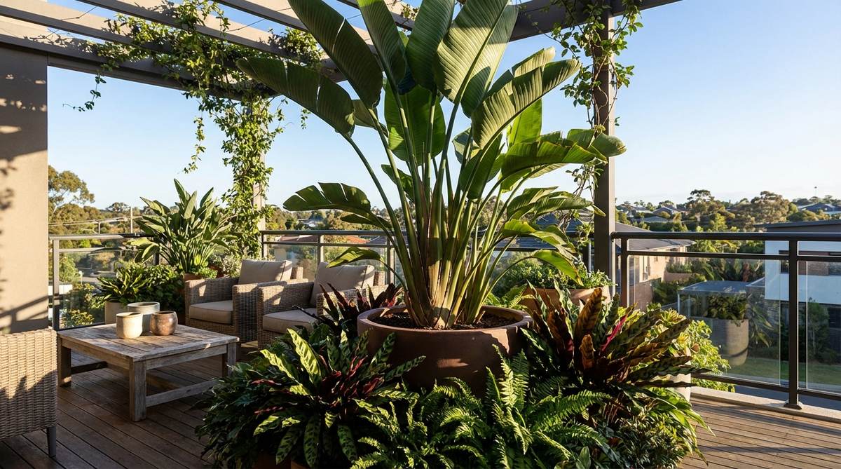 A dramatic balcony decor featuring a giant bird of paradise plant as a centerpiece, with its large paddle-shaped leaves creating architectural interest. Planted in a deep container with direct sunlight, surrounded by lower tropical plants like calathea for jungle layering.