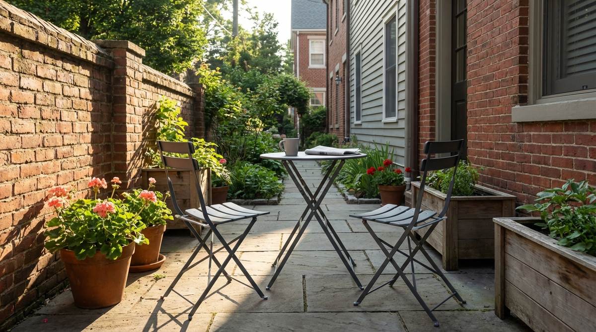A compact two-seat bistro set with folding metal frame and powder-coat finish, positioned on a narrow terrace to capture morning sun. The space-efficient design includes stackable chairs for urban balconies and small courtyards.