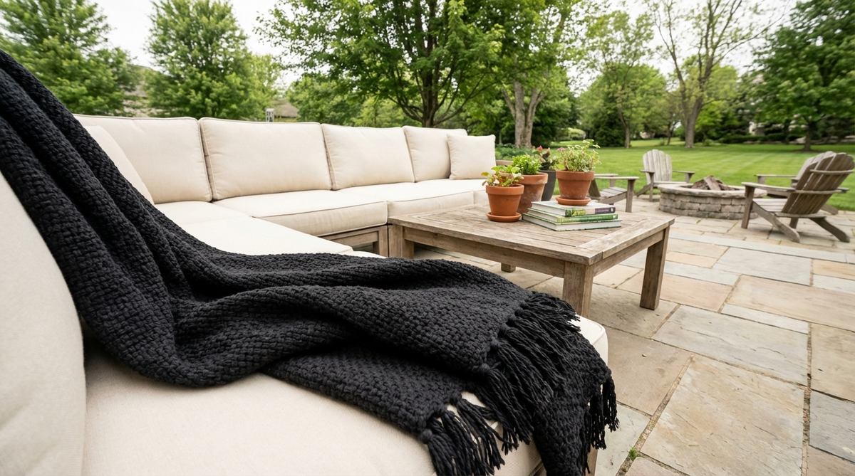 A chunky knit or woven black throw blanket with generous tassels, perfect for adding texture and drama to boho decor. Draped over a cream sofa or placed at the foot of a bed, it anchors lighter furnishings with visual weight while maintaining an organic feel through natural fibers like cotton or wool.