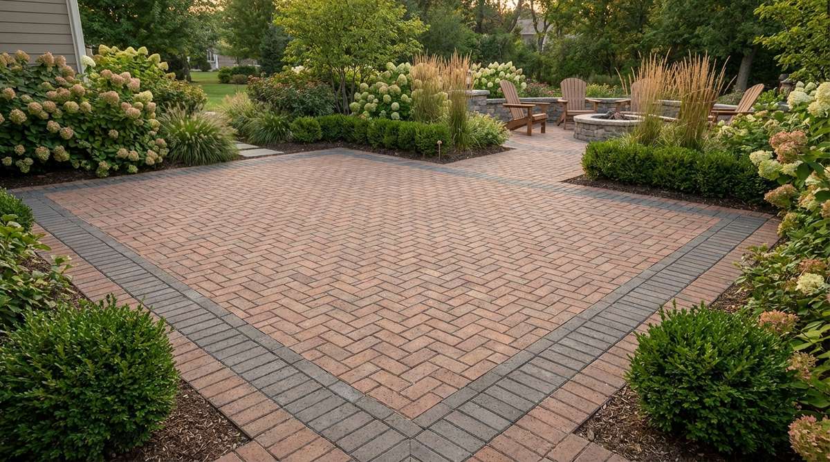An image showing a garden brick design with a bordered herringbone frame, featuring straight-laid bricks forming a perimeter that frames interior herringbone paving. This technique resolves edge conditions, creates definition between pattern zones, and provides visual containment for clear pattern reading in large open areas, suitable for formal entries and primary gathering spaces.