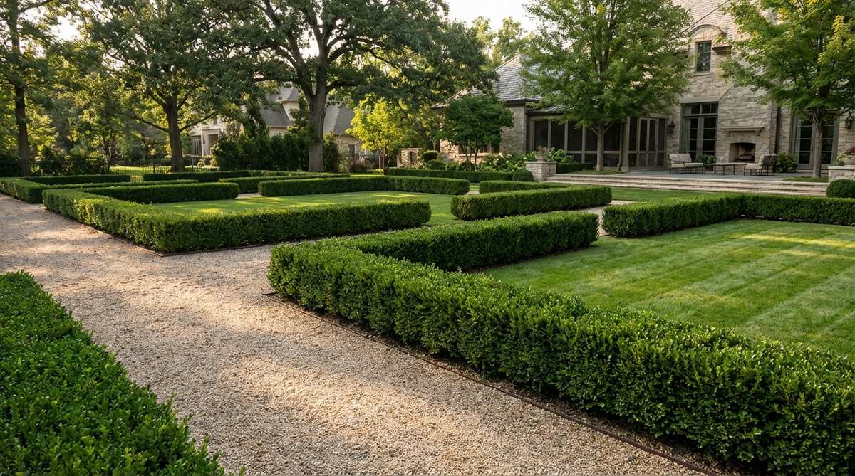 Low boxwood hedges arranged in parallel lines creating geometric divisions in a minimalist garden. The evergreen foliage provides year-round structure, with sharp edges maintained through biannual clipping. Suitable for both sunny and partially shaded areas across various climate zones.