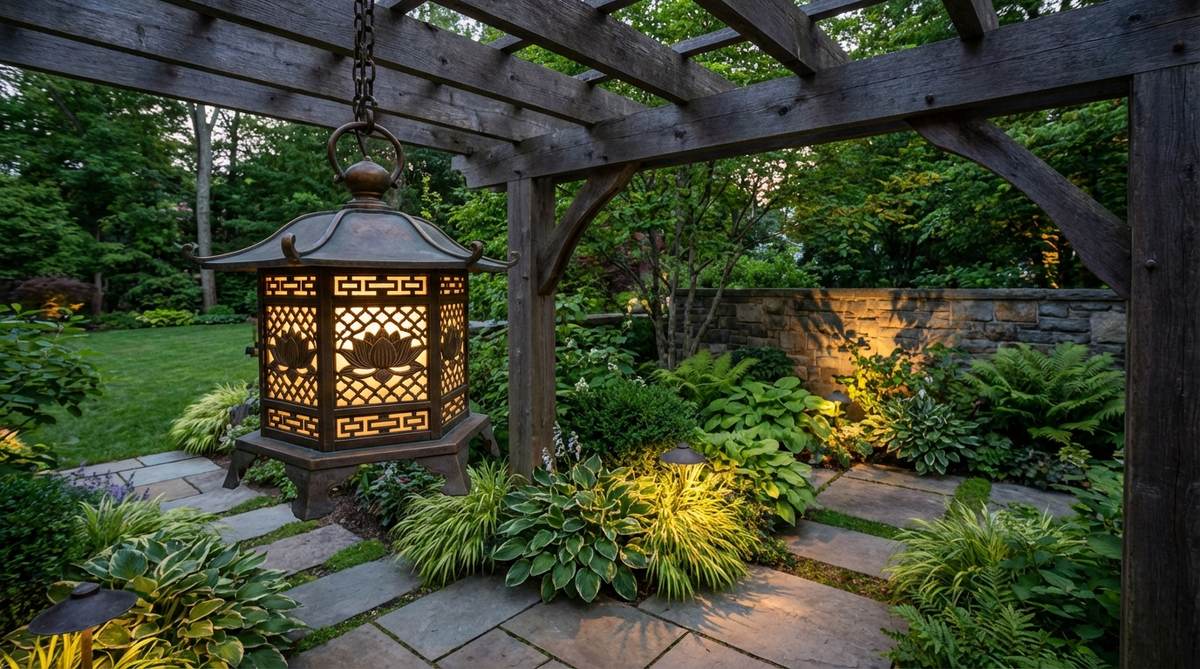 A bronze hexagonal hanging Japanese garden lantern (tsuri-doro) with intricate openwork panels featuring lotus flowers and geometric patterns, suspended from a pergola beam and casting decorative light patterns on surrounding surfaces.