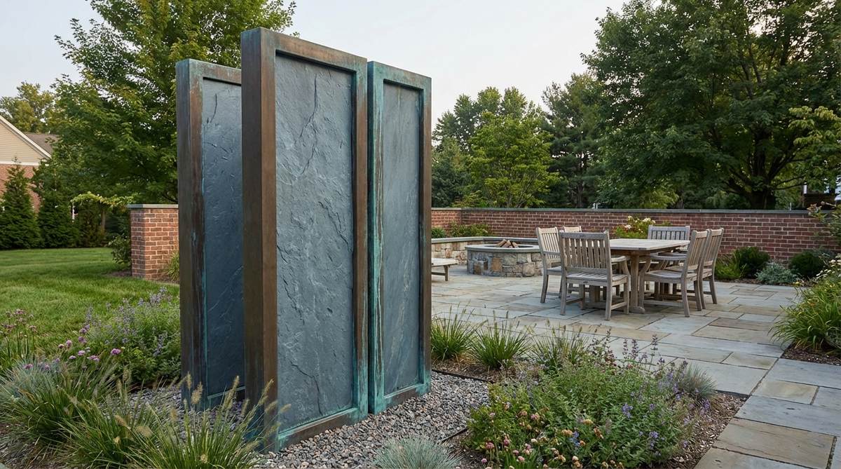 An upright modern garden sculpture featuring heather-blue Welsh slate panels framed in bronze, designed as a contemporary interpretation of ancient standing stones. The bronze develops a green-blue patina over time, harmonizing with the slate's natural color while adding a metallic accent. This durable combination, with precisely cut slate and welded bronze frames, offers structural strength and is ideal for smaller gardens, providing height without bulk and casting minimal shadows for a strong vertical statement.