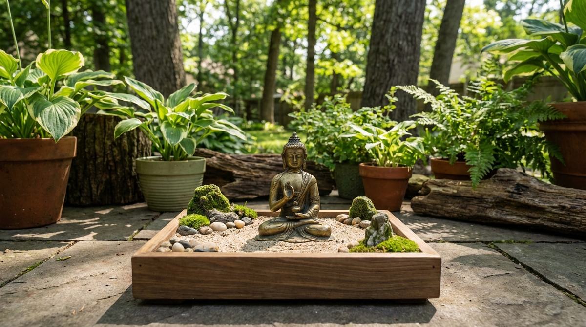 A small brass or resin Buddha statue in meditation posture, measuring 2-3 inches tall, with serene expression and hand gestures like lotus mudra or earth-touching, positioned as a focal point in a miniature zen garden to create a personal altar space.