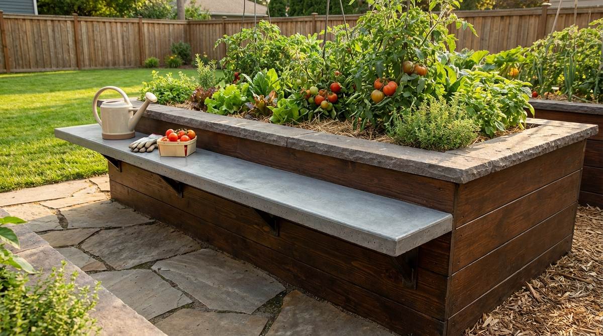 A contemporary garden bed featuring cantilevered shelf extensions that project 8 to 12 inches beyond the bed cap, providing a practical surface for tools, drinks, or harvested produce. The design includes hidden steel brackets for reinforcement, allowing gardeners to perform maintenance tasks without entering the planting area, thus preventing soil compaction. The horizontal surfaces are finished with an exterior-grade coating to withstand direct water exposure, highlighting a modern and functional approach to garden bed construction.
