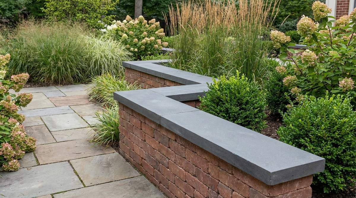 A polished capped wall border in garden design, featuring stacked brick walls with overhanging cap units to protect masonry from weather damage and provide a clean sitting edge.