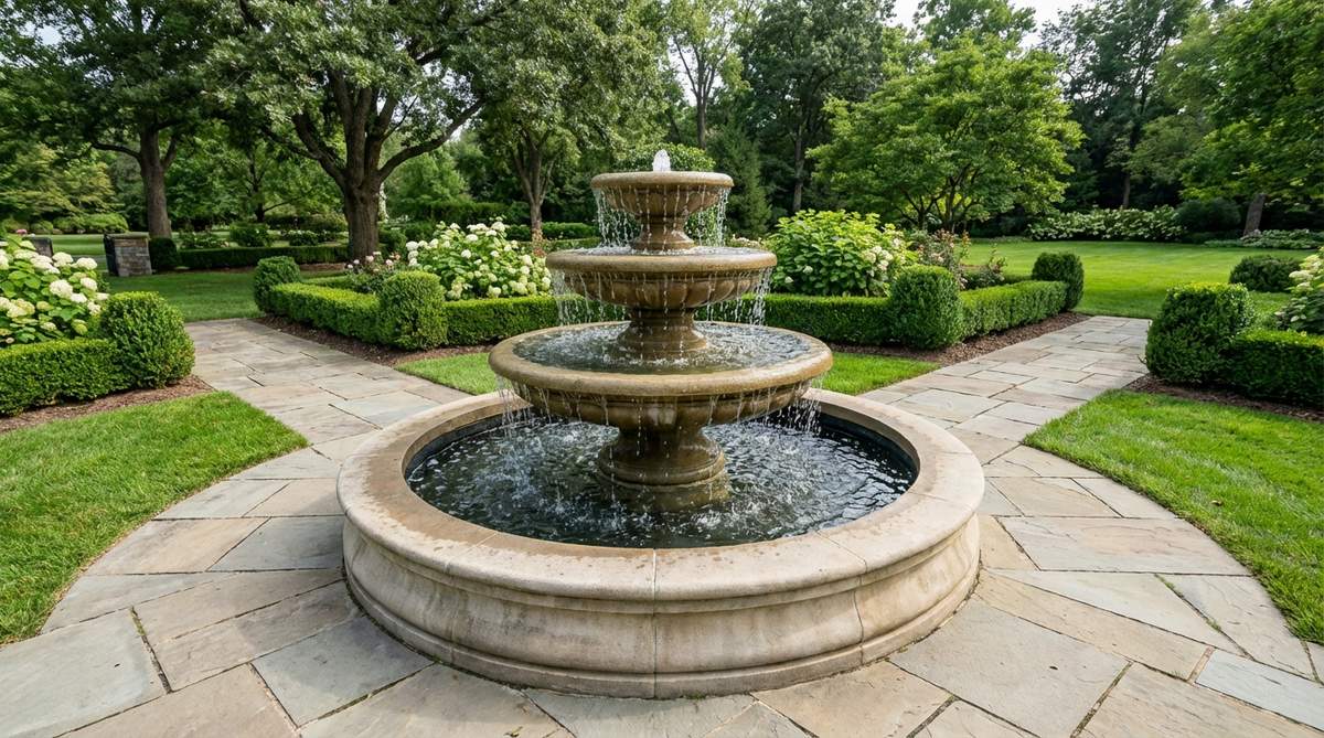 A classic garden fountain featuring three stacked circular bowls in graduated sizes, creating symmetrical water cascades. This fountain anchors formal garden layouts and is ideal for pathway intersections or courtyard centers.