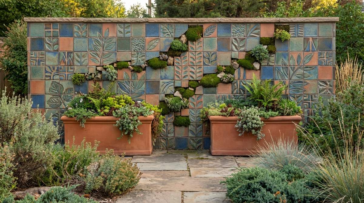 A garden decor wall featuring a ceramic tile mosaic with integrated planters, showcasing frost-resistant tiles in botanical or abstract patterns. The design includes strategic gaps for alpine plants or moss, creating a visual contrast between rigid geometric tiles and soft plant textures. Tile patterns extend vertically from planter boxes to unify the lower planted zone with upper decorative areas.