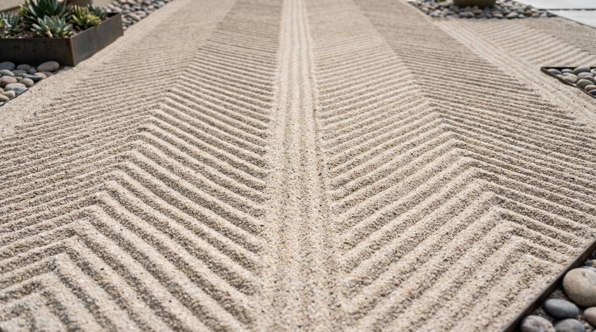 A close-up photograph of a zen garden sand pattern featuring bold chevron arrow formations. The V-shaped geometric lines create strong directional pull with modern visual impact, raked at precise angles to form repeating patterns along a central spine. This contemporary design demonstrates architectural alignment techniques suitable for modern garden spaces.
