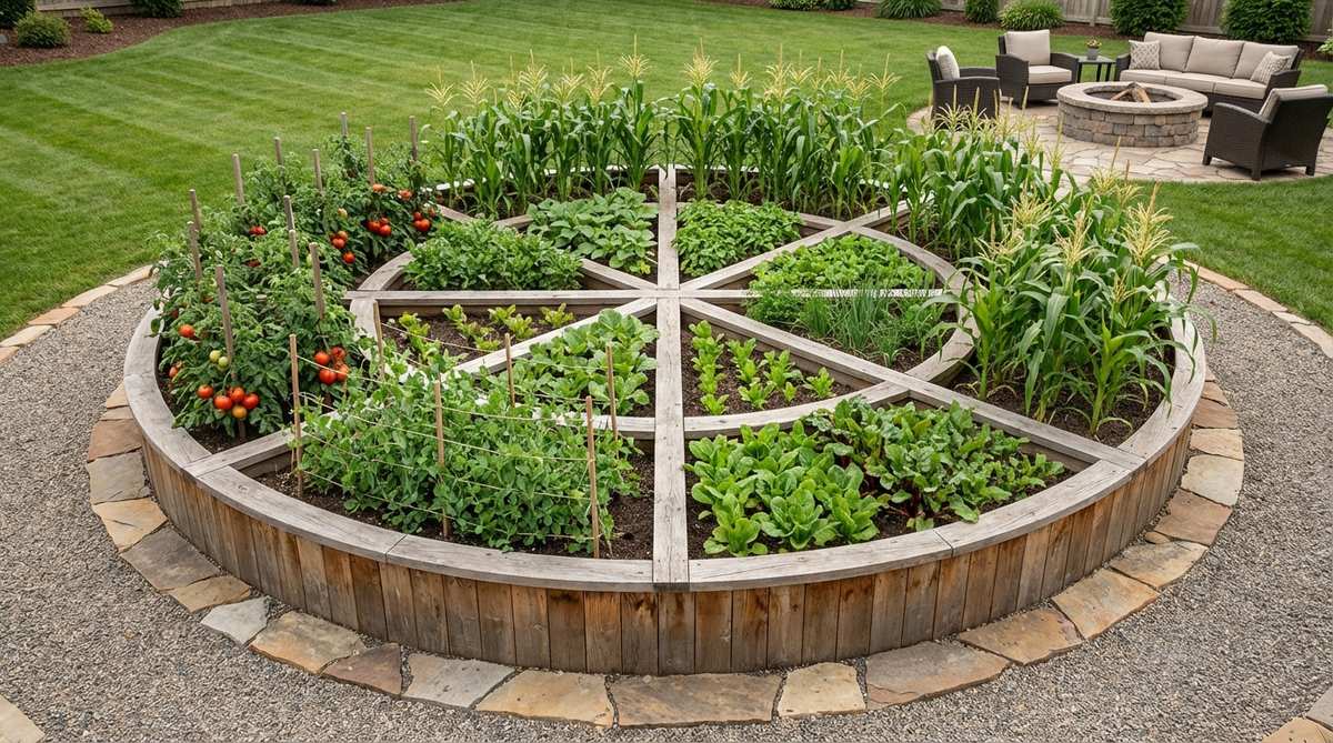 A circular mandala garden design featuring a large raised bed divided into pie-slice sections for organized vegetable planting. The layout includes wooden dividers and stone edging, with tall crops placed at the outer edges to prevent shading. This design simplifies crop rotation and creates a meditative garden space with spiritual significance.