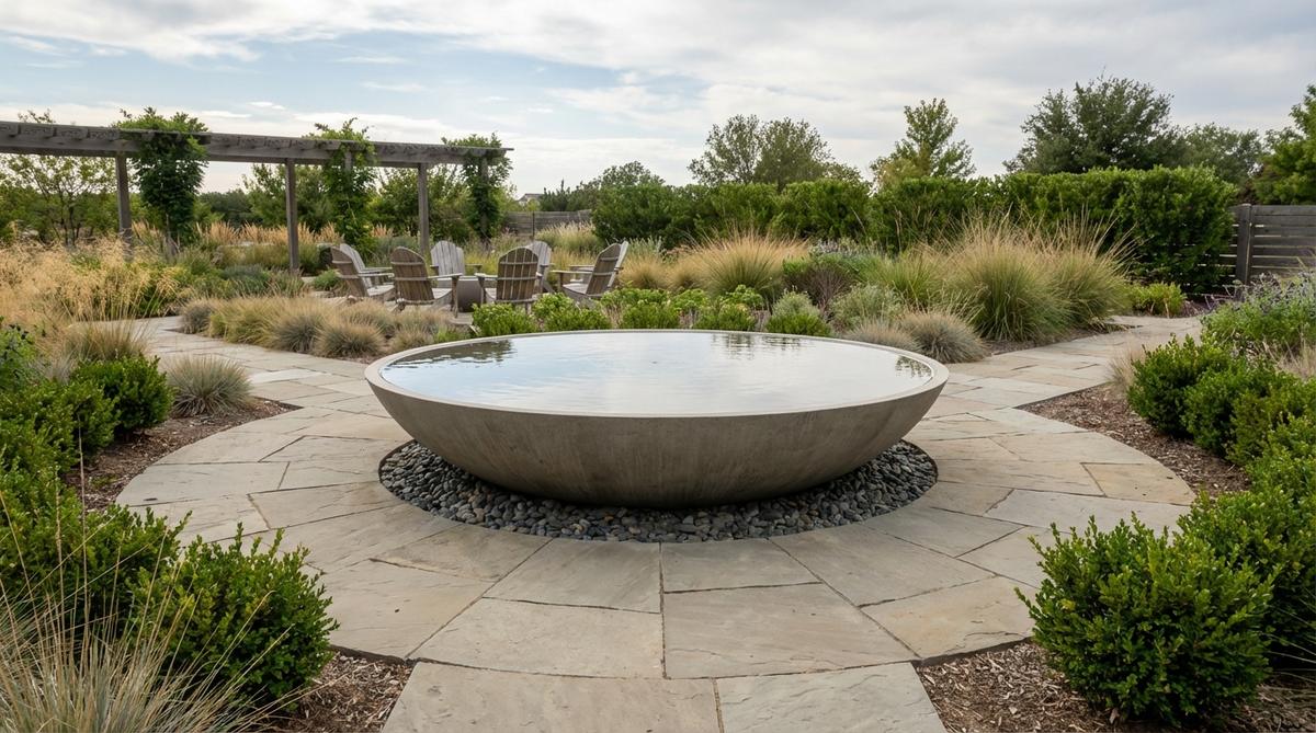 A large-diameter shallow circular water bowl made of concrete or stone, positioned at a pathway intersection in a modern garden, creating a calm reflective surface and serving as a visual anchor point.