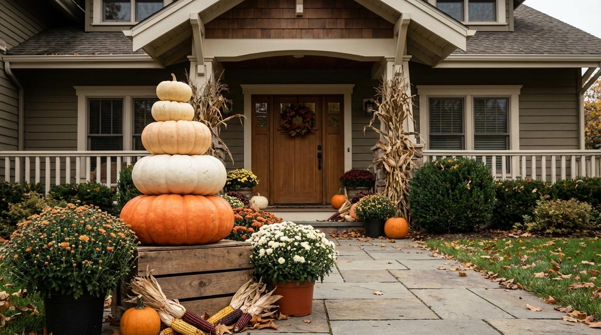 A stable three-tier tower of pumpkins in graduated sizes and colors, with an orange base, white middle, and cream top, positioned at an entryway for dramatic vertical interest in outdoor fall decor.